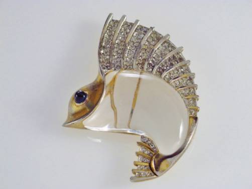 Trifari Lucite Jelly Belly vintage fish pin gold gilt by Norman Bel Geddes, 1940`s ca, American
